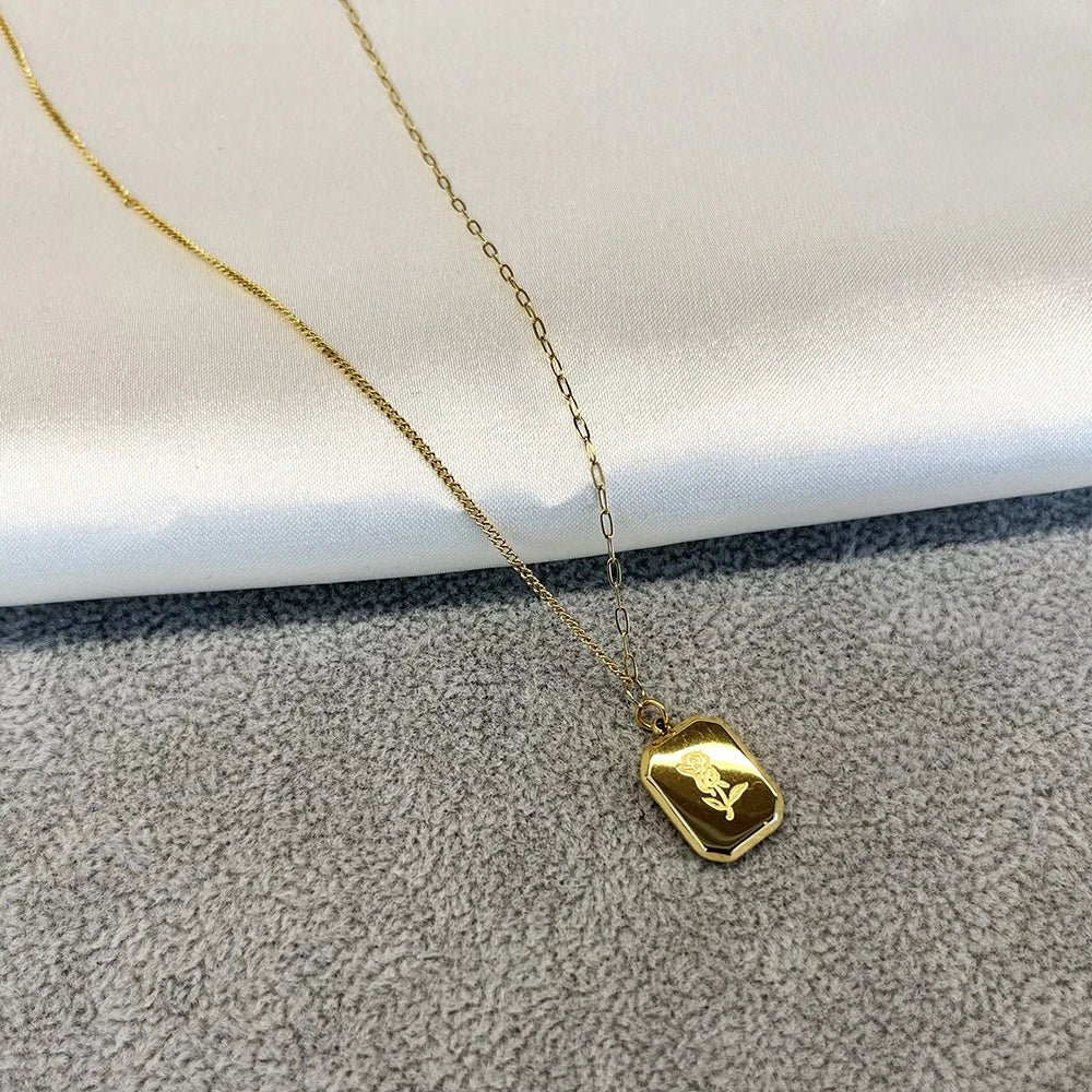 Fashion Jewelry in Bulk Necklace Stainless Steel square Rose Pendant Necklace for Women Necklace Vendor