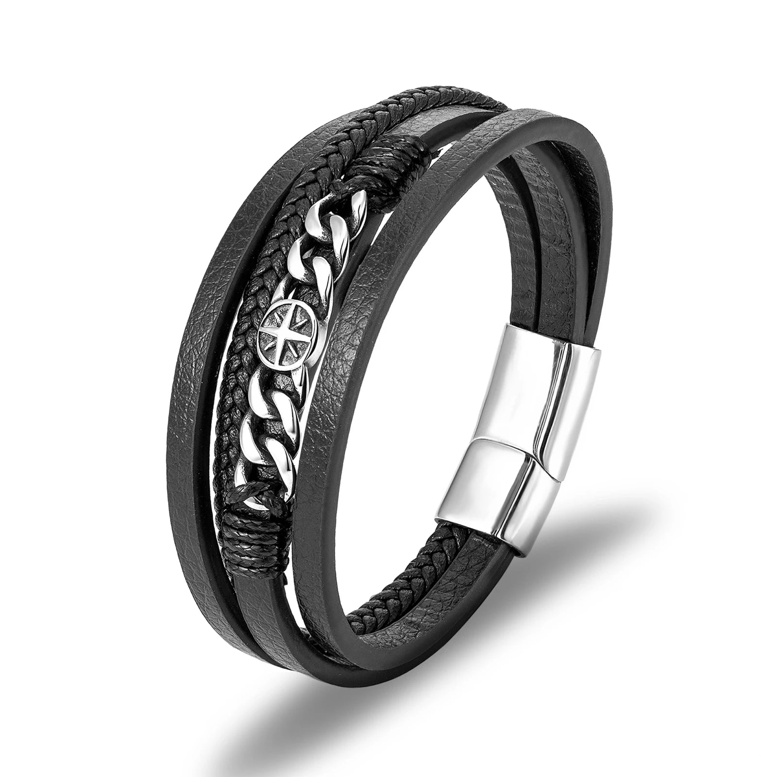 Punk Multilayer Men Braided Leather Cross Stainless Steel  Magnetic Clasp Leather Bracelet for Men Accessories