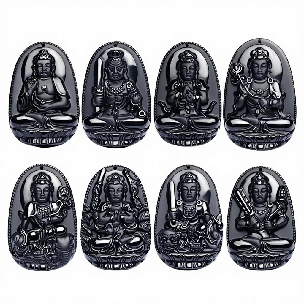 Natural Black Obsidian Lucky Amulet Pendant Necklace Carving Natal Buddha Eight Patron Saint Chinese Twelve Zodiac Jewelry