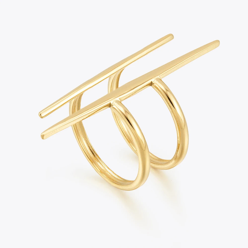 18K Gold Plated Stainless Steel Jewelry Popular Parallel Line Hollow Vintage Open Ring Waterproof for Woman Punk Ring R254465