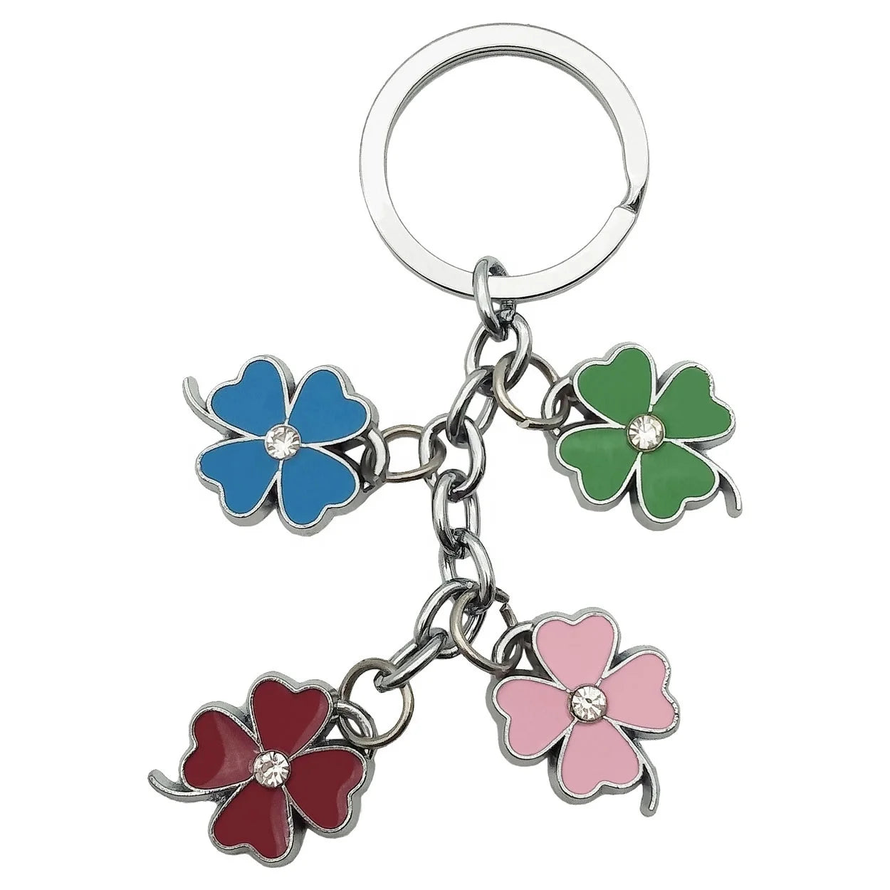 Wholesale New Design Zinc Alloy Hard Enamel Keychain With Diamonds Metal Lucky Clover Colourful Key Chain Key Holder Custom Logo