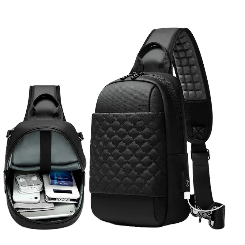 Waterproof Lightweight Men's Sling Bag Shoulder Strap 9.7-inch Tablet Compatibility USB Charging Port Black Fashionable Design