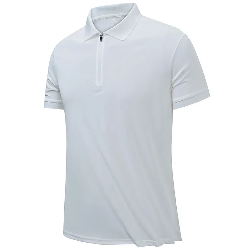 Men's Summer  Shirt Quick-Dry Ice Silk Front Chest Adhesive Zipper Turn-Down Collar Fashion Short Sleeve Golf T-Shirt