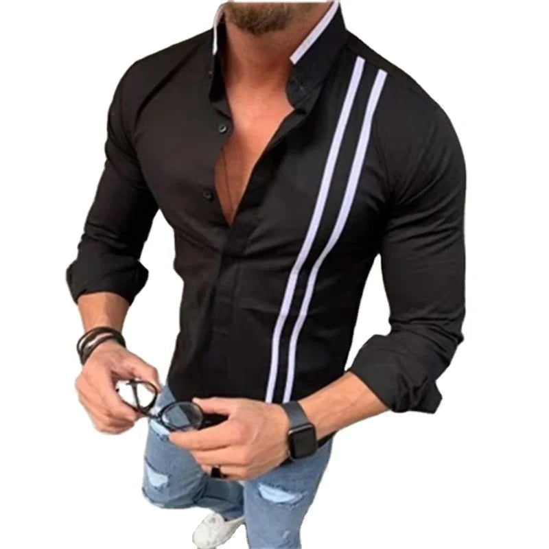 RNSHANGER New Mens Shirts Fashion Slim Striped Print Stand Collar Long Sleeve Casual Party Shirt Business Formal Dress Shirts