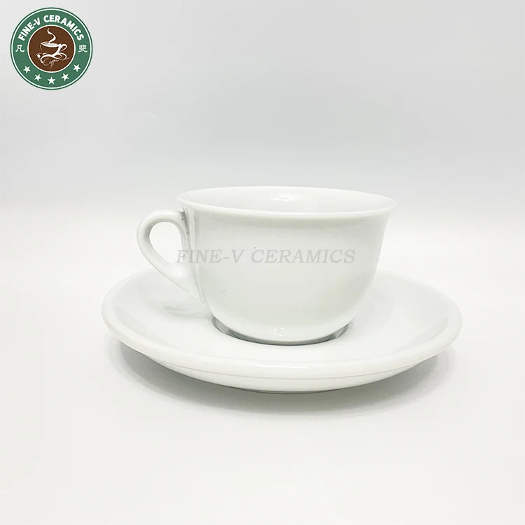 FINE-V 6oz Customized Logo Thickness White Ceramic Cups Saucer Sets Fine Porcelain Coffee Mug Inverted Mouth Eco-Friendly