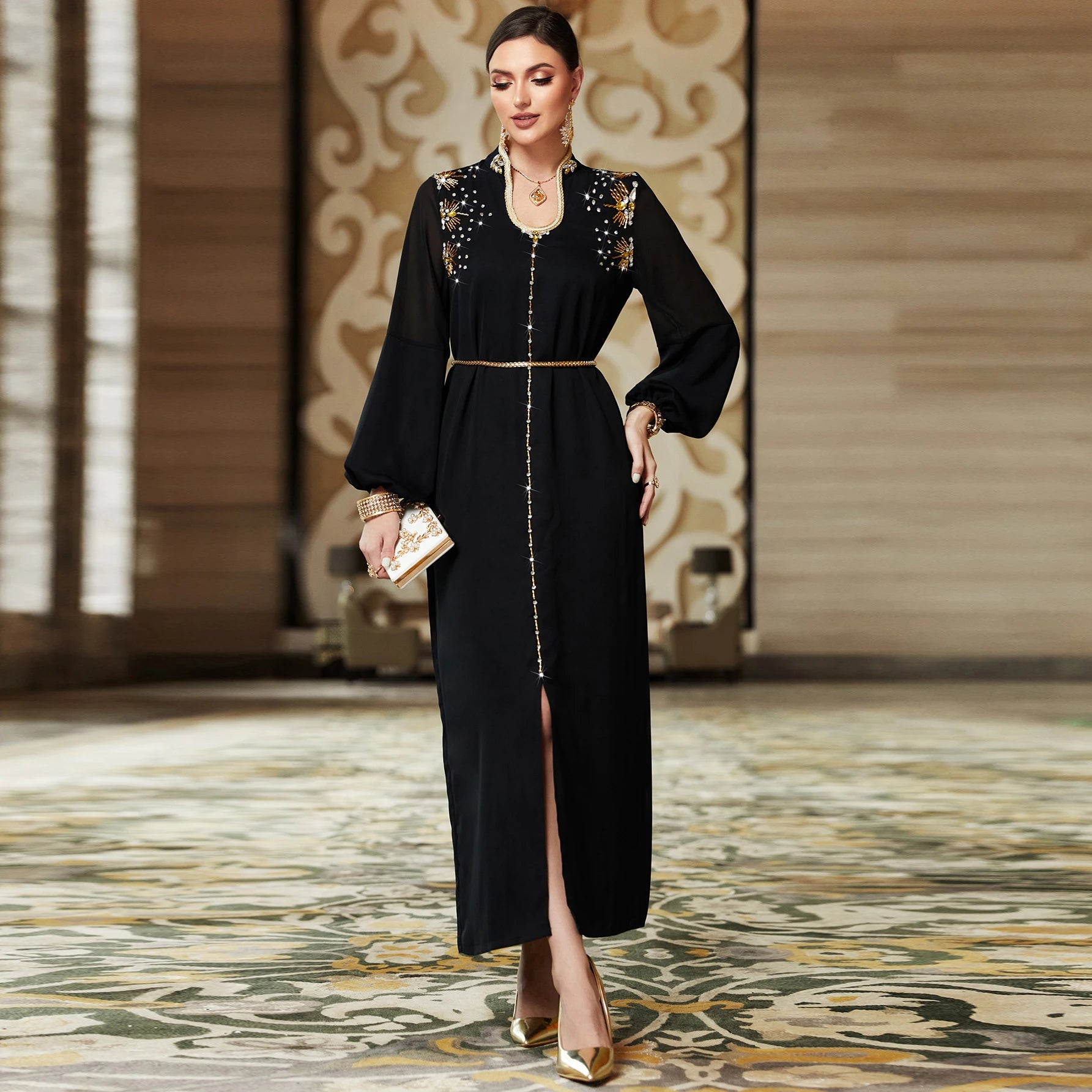 Pure Handwork Rhinestone Black Long Dress for Muslim Women Special Collar Full Sleeve Belted Dubai Moroccan Robe
