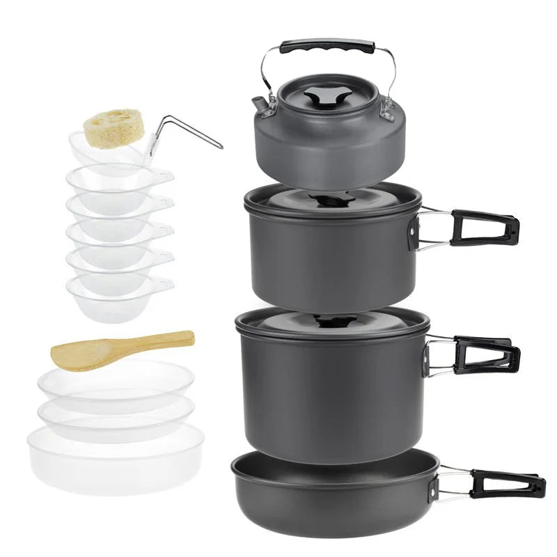 Portable  Aluminum Alloy Camping Cooking Set for 3-5 Person Camping Pot Outdoor Cooking Cookware Set with Kettle