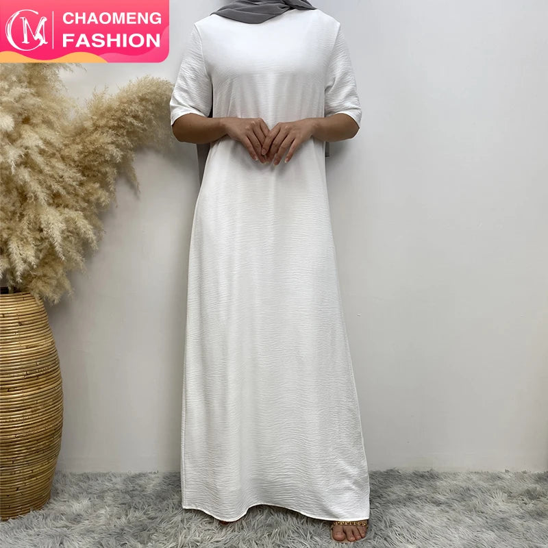 6722# White Short Sleeves Wrinkle Crepe slip Dress Solid Color Modesty Inner Dresses With Chiffon Lining