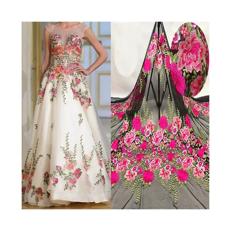 Home Textile Girl Women Dress Use Red Flat Embroidery Bright Flower Summer Tulle Net Lace Fabric