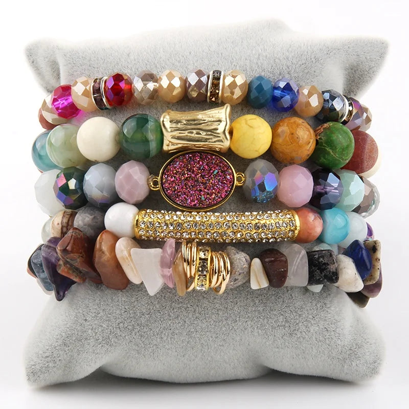 Fashion Boho Jewelry 5 Pc Turquoise Stone Crystal Glass Fresh Water Pearl Acrylic Pipe Elastic Bracelet Alloy Stack Bracelet Set