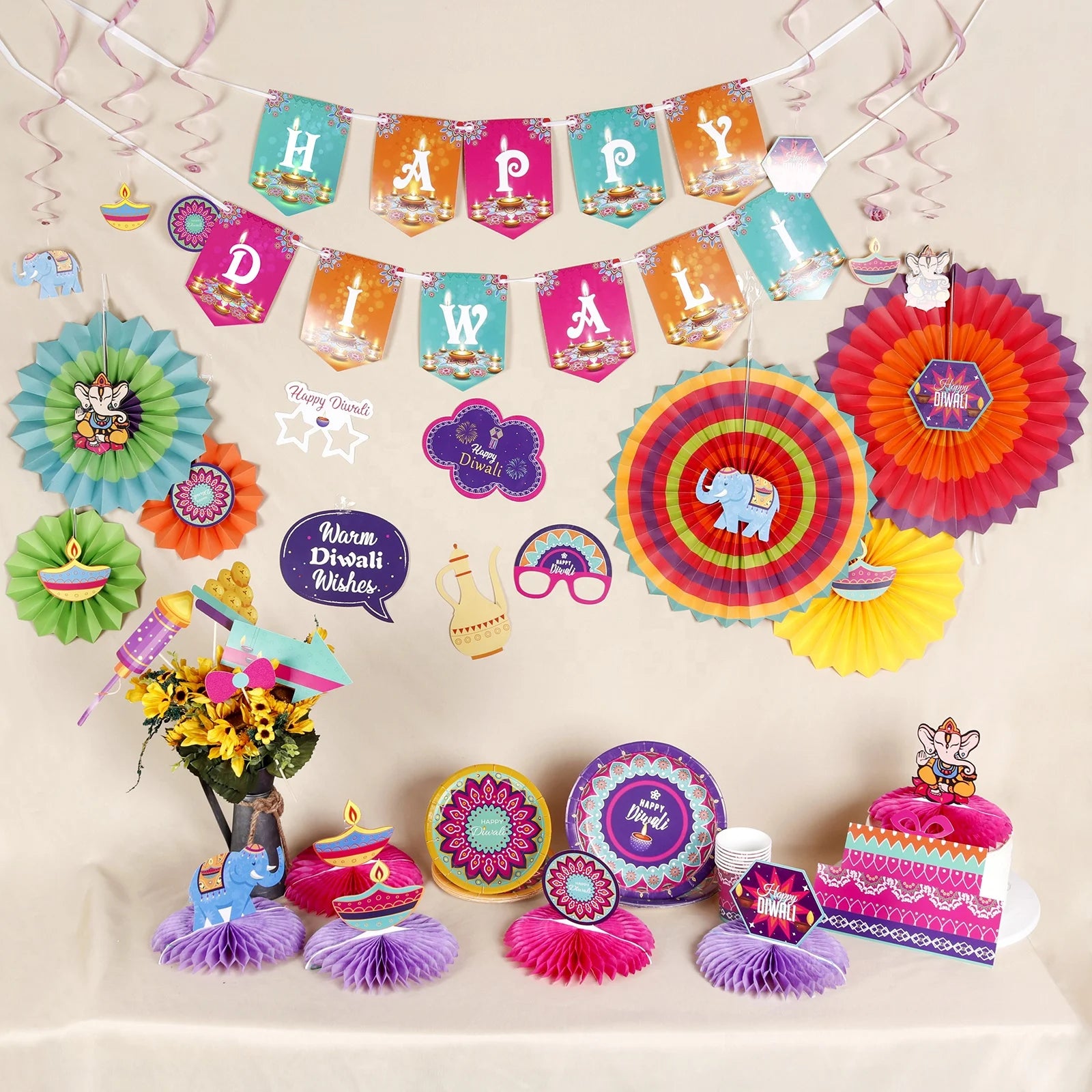 Diwali Decorations Kit Deepavali Diyas Lights Happy Diwali Banner Deepavali Hanging Swirls Festival of Lights Party Supplies