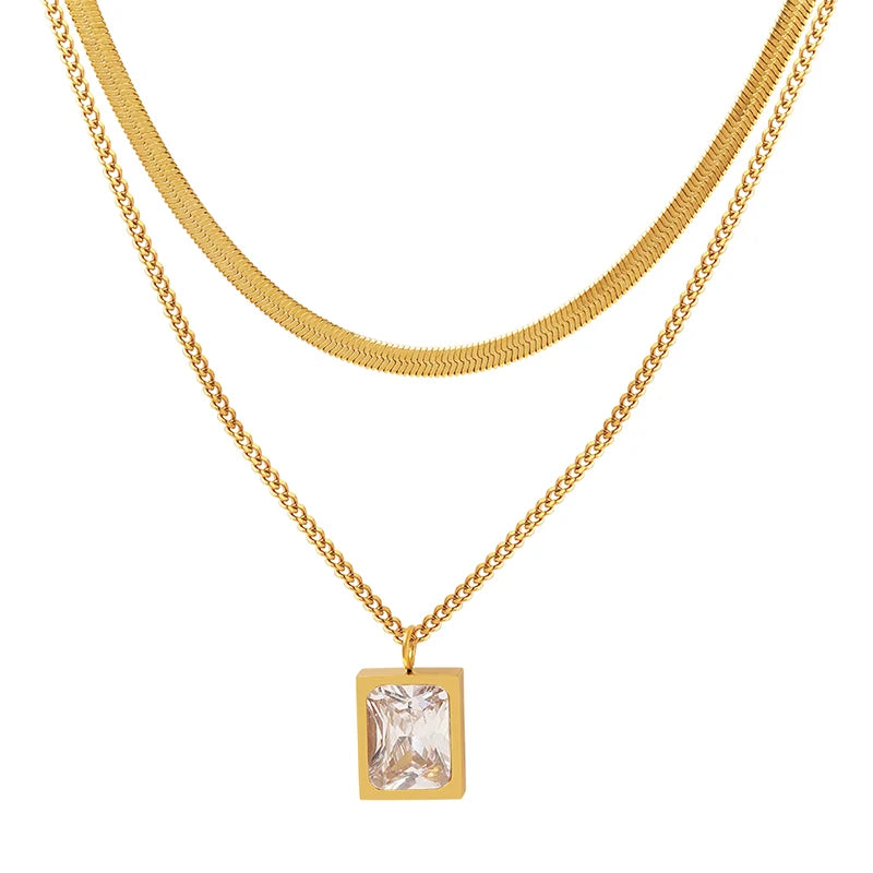High Quality Vintage Double-Layered Wind Blade Chain Gold Zircon Pendant for Stylish Wedding Gift Necklace Made Stainless Steel