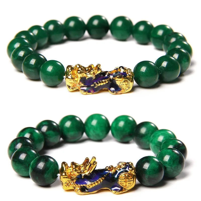 Fengshui Pixiu Bracelet 10mm 12mm Big Stone Beads Natural Stone Green Agate Enamel Pixiu Bracelet