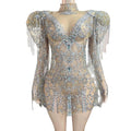 Wholesale Sexy See Through Puff Sleeve Crystal Fringes Princess Wedding Birthday Party Mini Dress Women Prom Gown Club Dress