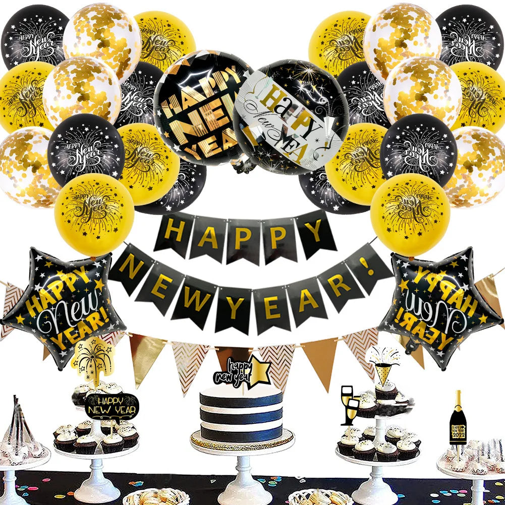2025 New Year Happy Banner Balloon Photographic Background Kit Cake Toppers for Lunar Year Party Decorations