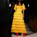 Fashion Party Dress 2024 Summer New Style Square Neck Puff Sleeves Low-cut Design Waist Multi-layered Dress
