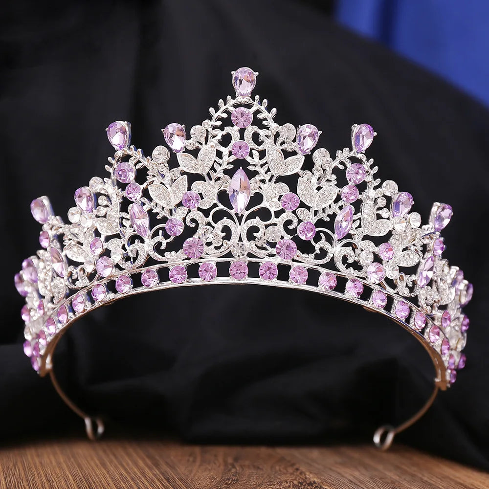 New Wedding Gold Plated Lilac Crystal Rhinestone Bride Crown Headwear Luxury Princess Alloy Hair Crown