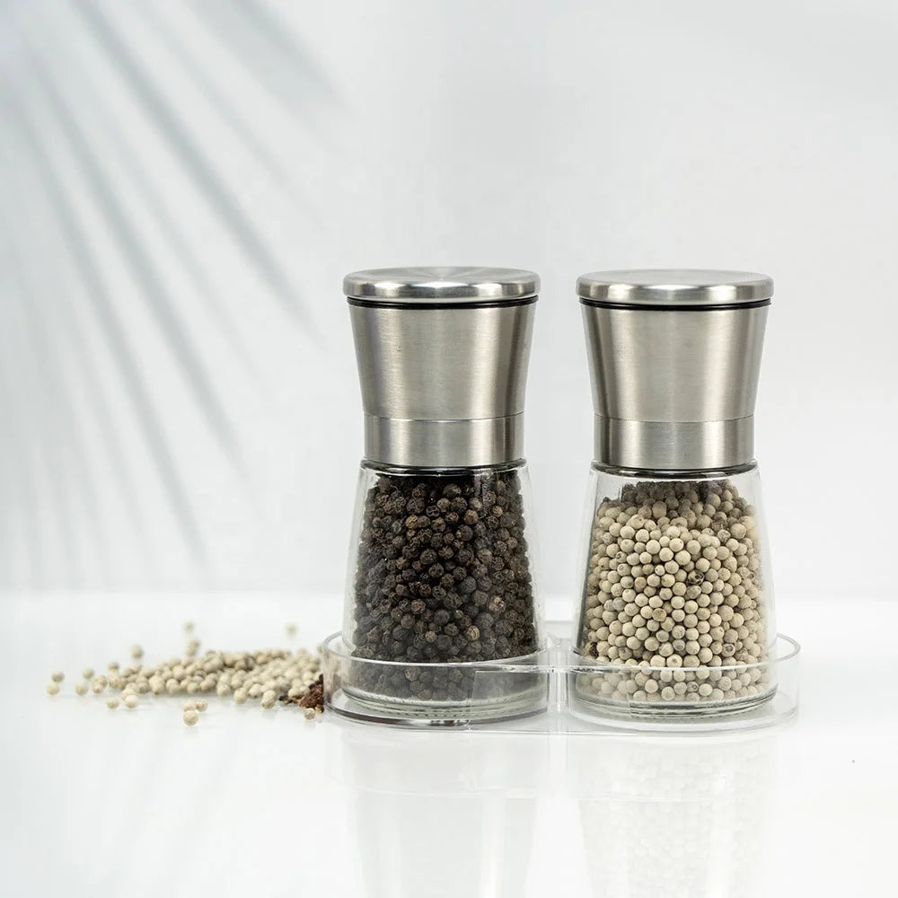 Kitchenware Tools Glass Stainless Steel Pepper and Salt Grinder Set With Acrlyic Tray