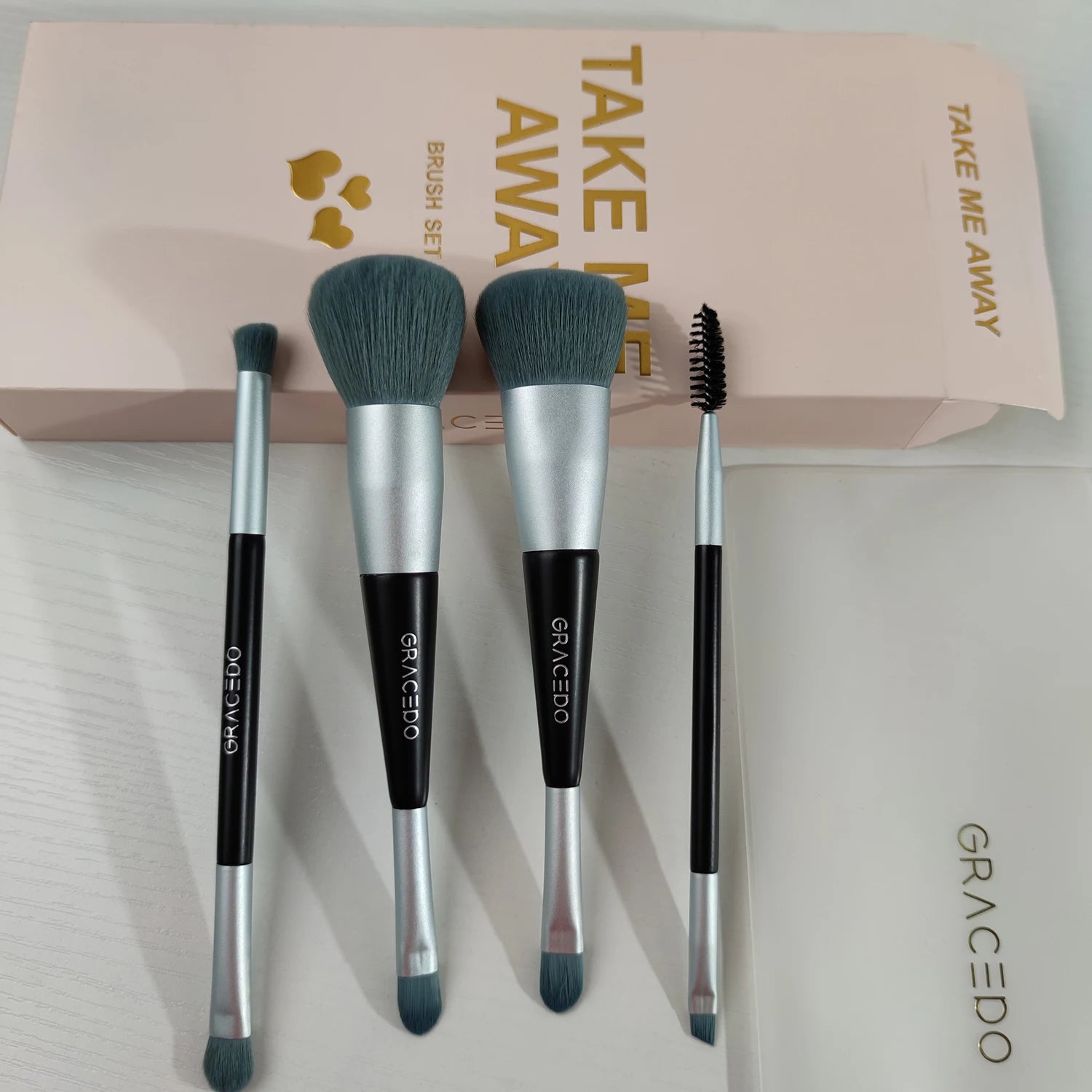 Gracedo 4PCS Double End Wood Handle Makeup Brush Set with Concealer Eyebrow Blending Cream Lash Spoolie & Cleansing Brushes