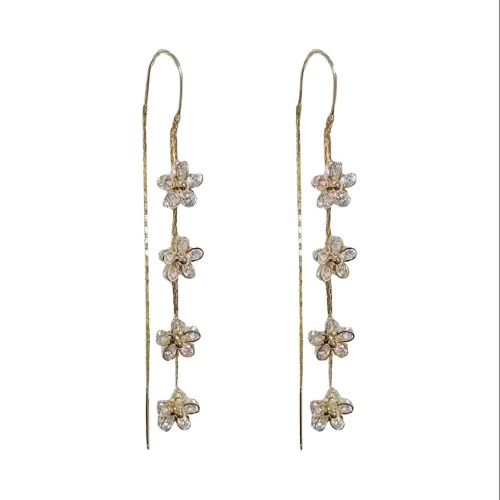 2022 New S925 Silver Needle Long Flower Dangle Tassel Drop Earring Fashion Temperament Zircon Flower Dangle Earrings Jewelry