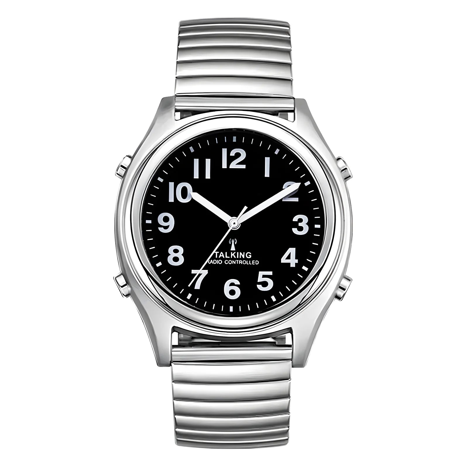 Radio Controlled Talking Watch With Black Dial and White Bold Number for Visually Impaired Elderly or Blind