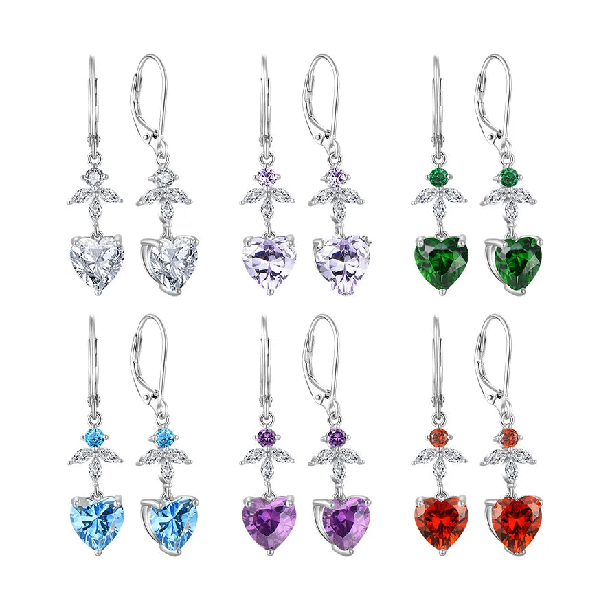Romantic Heart Gemstone Drop Earrings Set Rhodium Plated Colorful CZ Diamond Drop Earrings 925 Sterling Silver Jewelry for Women