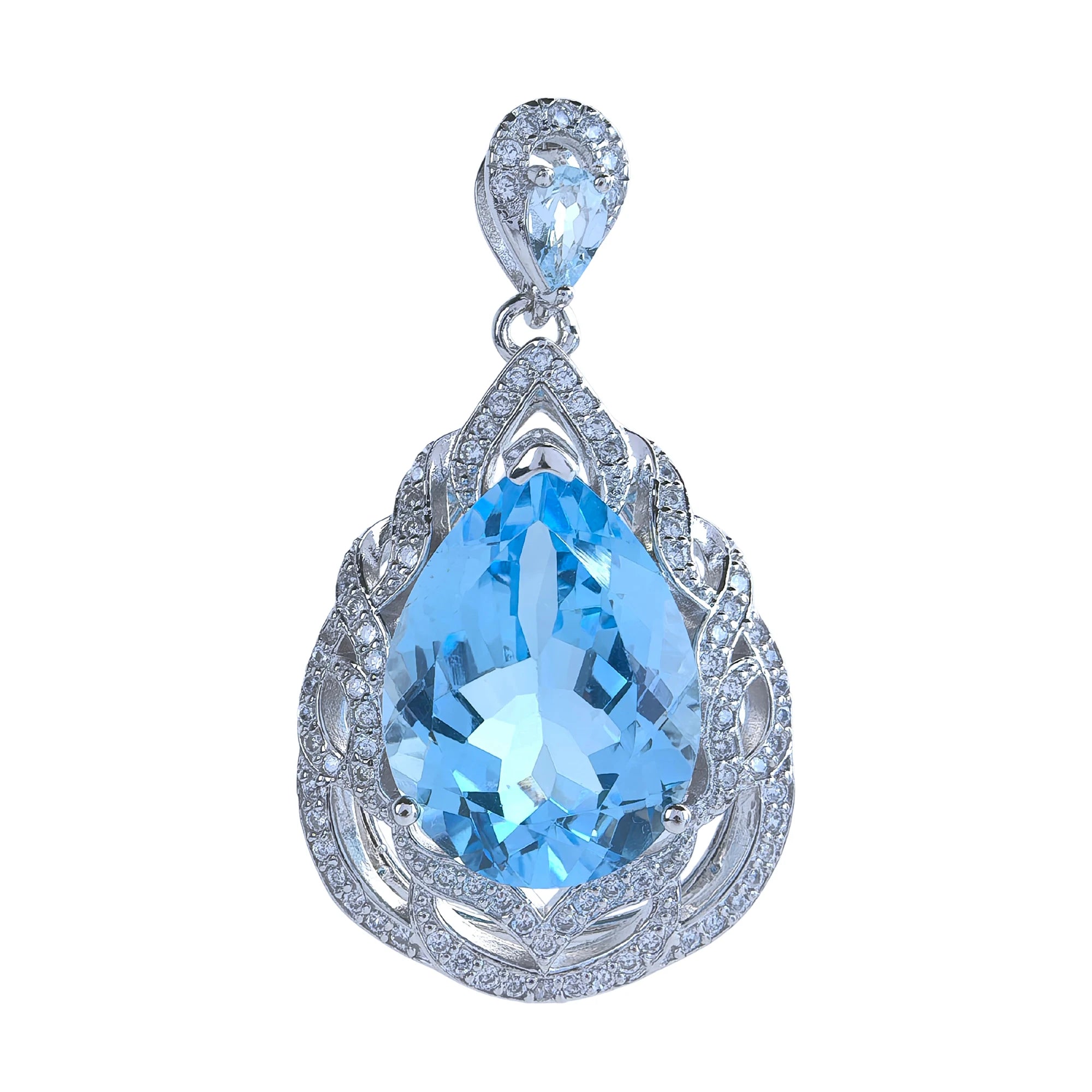 Factory Wholesale Rhodium Plated 925 Sterling Silver Pear Cut Natural Sky Blue Topaz Pendant for Women Anniversary Gift
