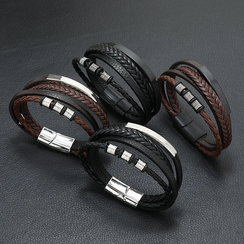 Fashion Jewelry Vintage Multi-layer Leather Braided Woven Stainless Steel Charms Bracelet for Men Gifts ZG