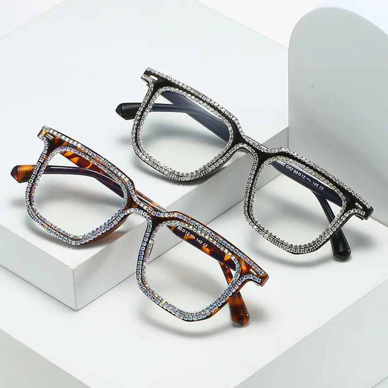 Square Optical Men Women Crystal Luxury Glasses Clear Lens Eyeglasses Frame Diamond Eyewear Rhinestone Glasses Female