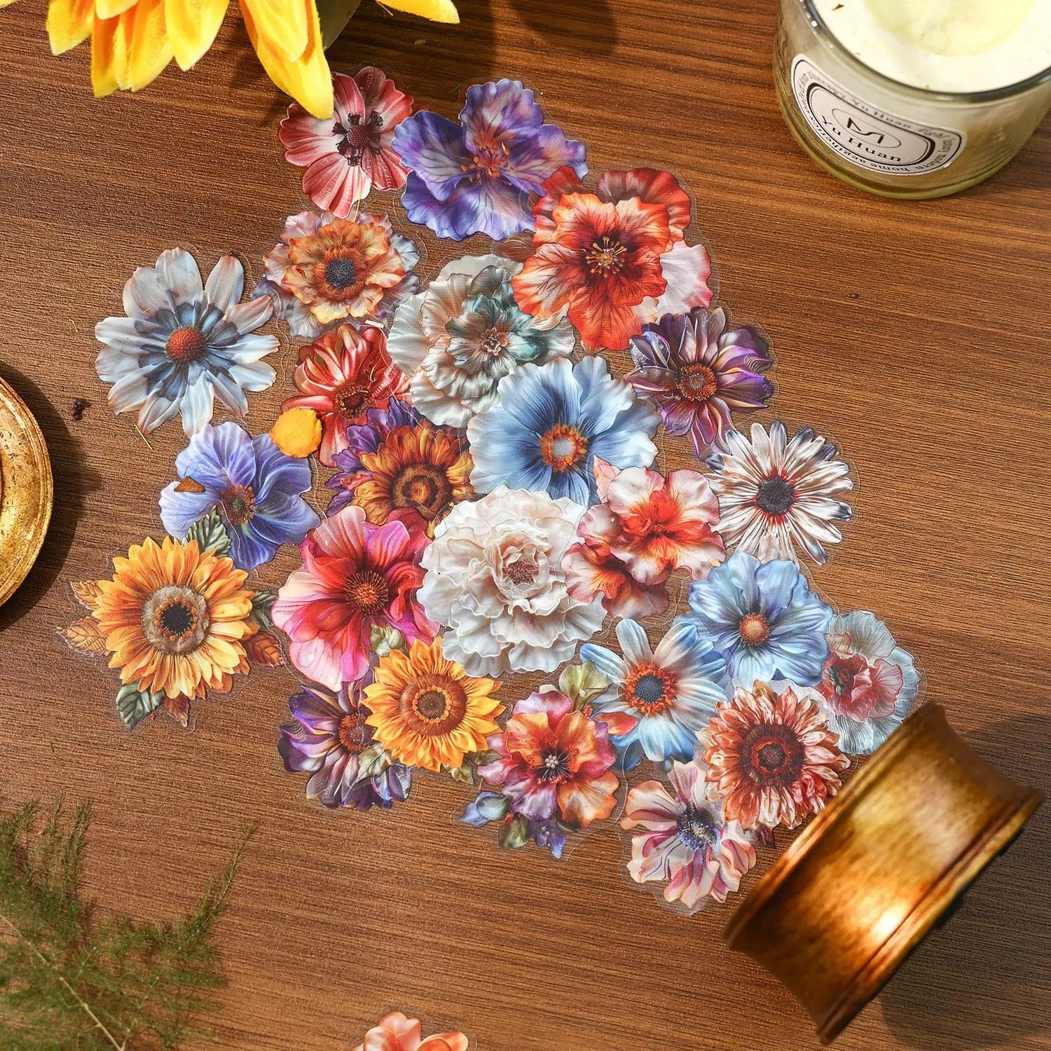 40 Sheets/pack Silk Flower Language Series Retro PET Hand Account Stickers Flower Plant Hand Account Decoration Collar