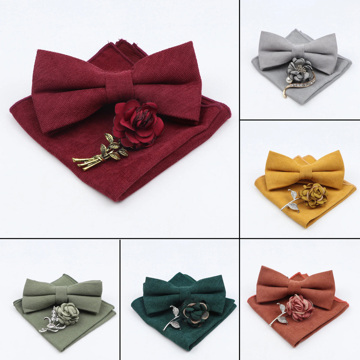 Men's Soft Microsuede Bowtie Pocket Square Set Vintage Rose Floral Plant Brooch Pink Baby Blue Red Butterfly Accessory Male Gift MegaBDM
