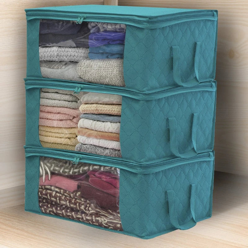 Pack of 3 Fabric Foldable Storage Bag Organizers with Clear Window & Carry Handles for Clothes Blankets Closets Bedrooms