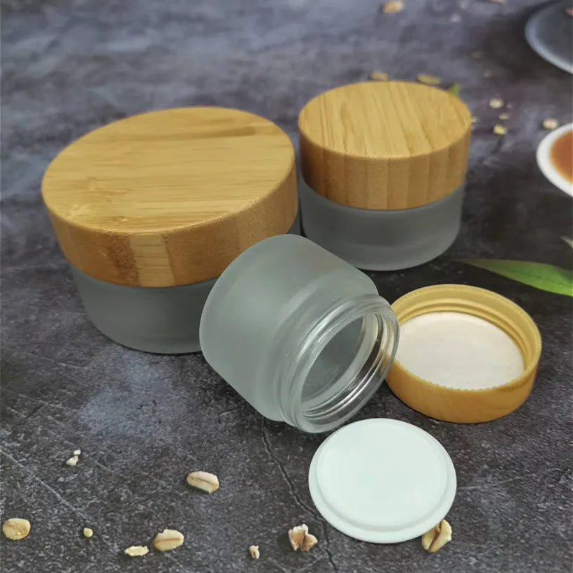 Wood Grain Cover 200g Frosted Glass Jar with Bamboo Lid Cosmetic PP Cream Container Hand Face Cream Bottle with Insert Seal