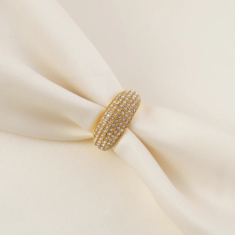 New Shiny Micro Pave 18k PVD Gold Plated Waterproof Non Tarnish Luxury Women Jewelry Diamond Stainless Steel Rings