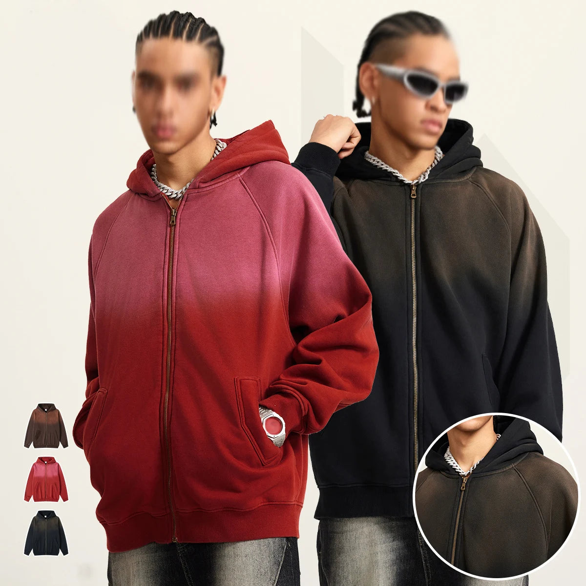 Custom Zipper Hoodie Cotton French Terry Sweatshirts Blank Zip up Vintage Acid Wash Distressed Hoodies for Men
