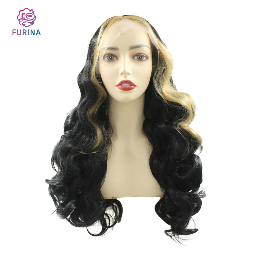 Furina Synthetic Hair Wigs for Black Women Synthetic Body Wave hd Lace 26 Inch Black and White for Women