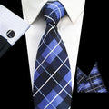 Blue Business Silk Men's Tie Set Plaid Neck Tie 8cm Ties With Pocket Square and Cufflinks for Men Formal Luxury Wedding Gravata