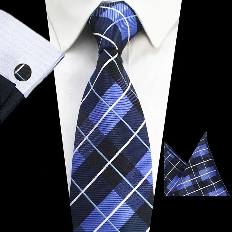 Blue Business Silk Men's Tie Set Plaid Neck Tie 8cm Ties With Pocket Square and Cufflinks for Men Formal Luxury Wedding Gravata