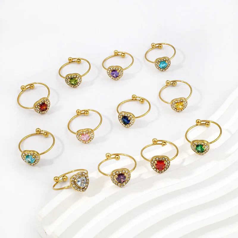 Fine Stainless Steel Wholesale Gold Plated Jewelry Love Heart Diamond Cubic Zirconia Adjustable Open Wedding Rings for Brides