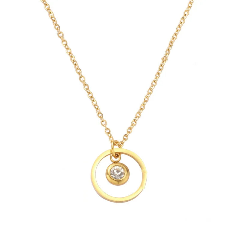 Stainless Steel Gold Plated Birthstone Circle Necklace Titanium Steel Double Ring Colorful Zircon Birthday Choker Necklace