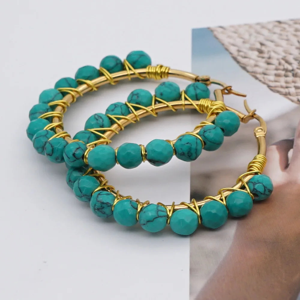 Colorful Natural Stone Beaded Hoop Earring Gold Plated Stainless Steel Round Beads Hoop Earring for Women