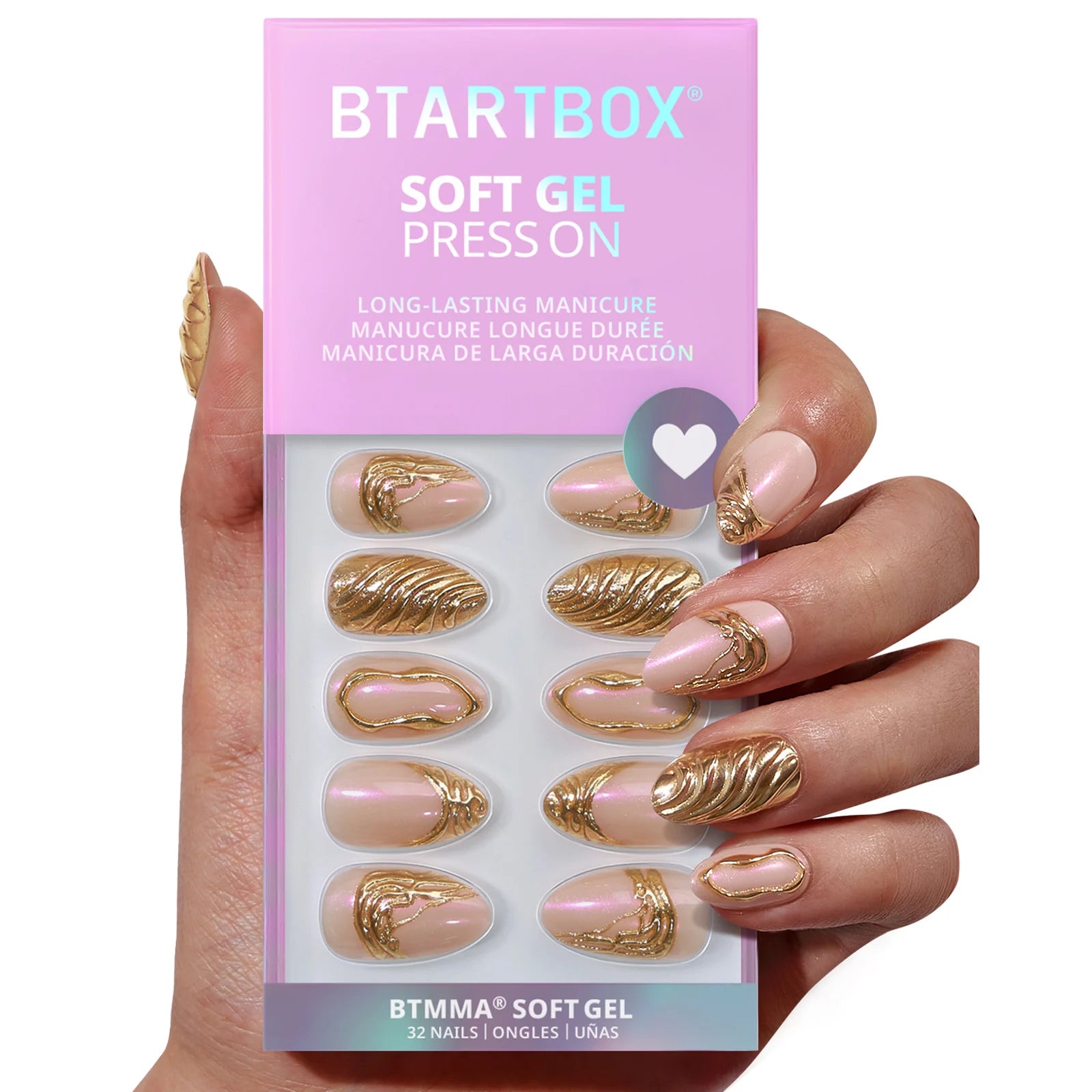 BTARTBOX Soft Gel Press on Nails En Gros Wholesale Short Almond Faux Ongles Luxury 3D Golden Stick on False Fake Nails With Glue