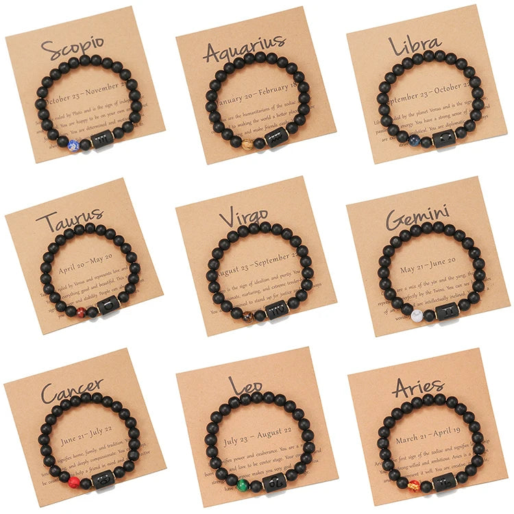 K085 Trendy Couple Jewelry Elastic Black Natural Stone Agate Zodiac Signs Bangle Horoscope Beaded Charm Bracelet for Women Men