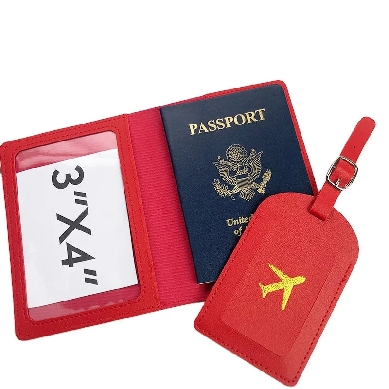 Custom Travel Passport Holder and Luggage Tag Set Pu Leather Passport Cover and Luggage Tag With Gold Stamping
