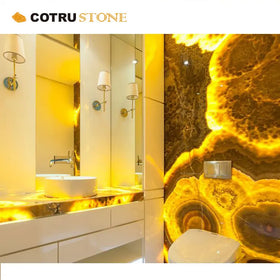 Custom Luxury Natural Backlit Water Ink Onyx Jade Peacock Stone Translucent Brown Onyx Slab for Wall Panel