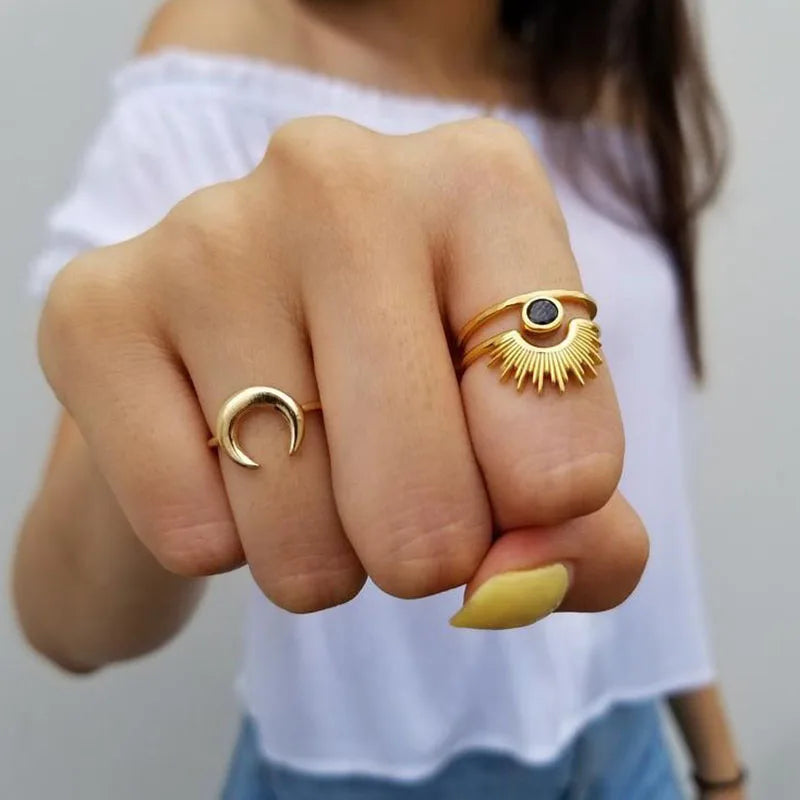 Non Tarnish Free Jewellery Fashion Gold Plated Jewelry Stainless Steel Sun Moon Anillo Ring for Men Women