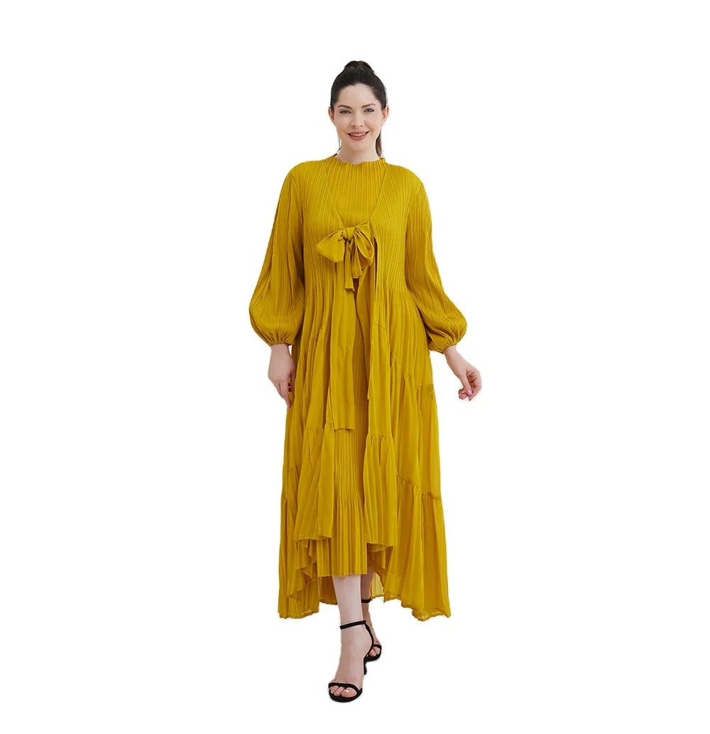 Miyake Pleated Dresses Maxi Ladies Plus Size Long Sleeve Two Piece Set Abaya Women Muslim Dress Church Latest Original Design