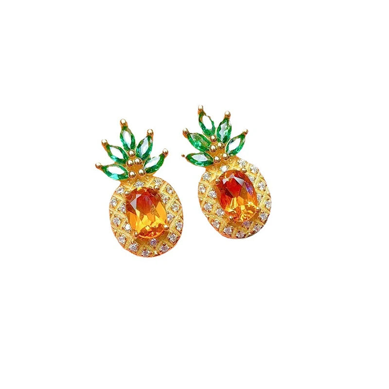 Creative Fruit Green Pineapple Set with Zircon Colorful Ear Stud and Ring New Fanta Stone Yellow Diamond Pendant