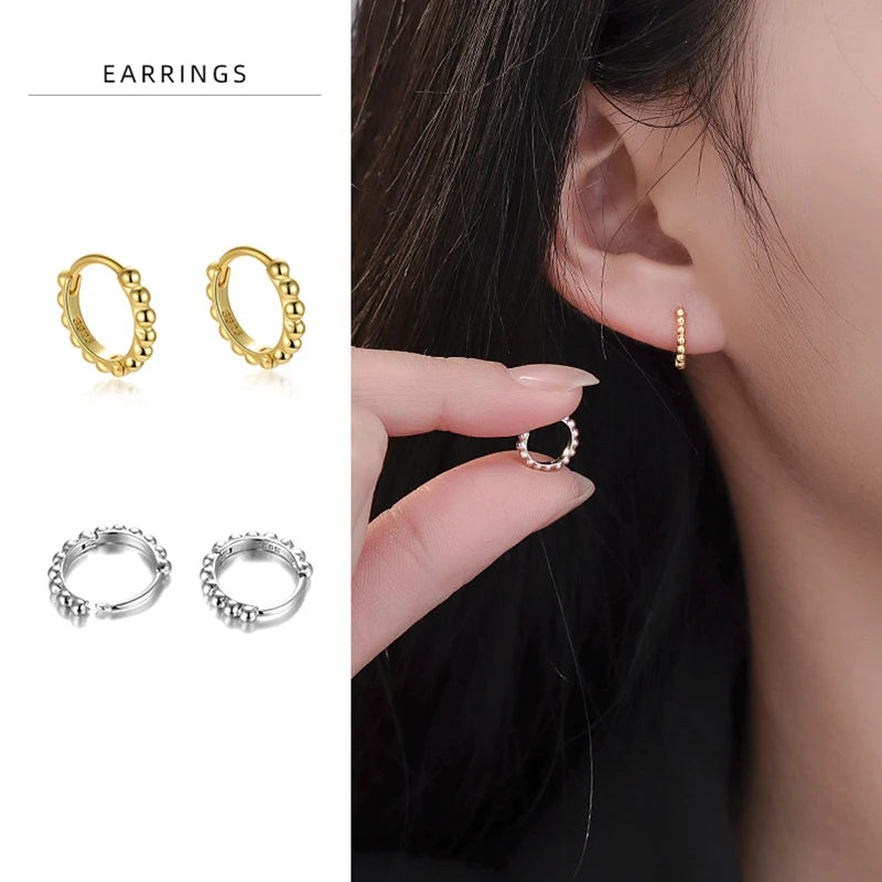 Wholesale Vintage Hoops 925 Sterling Silver Gold Plated Round Beads Earrings Set for Women Girl Fine Jewelry Gift