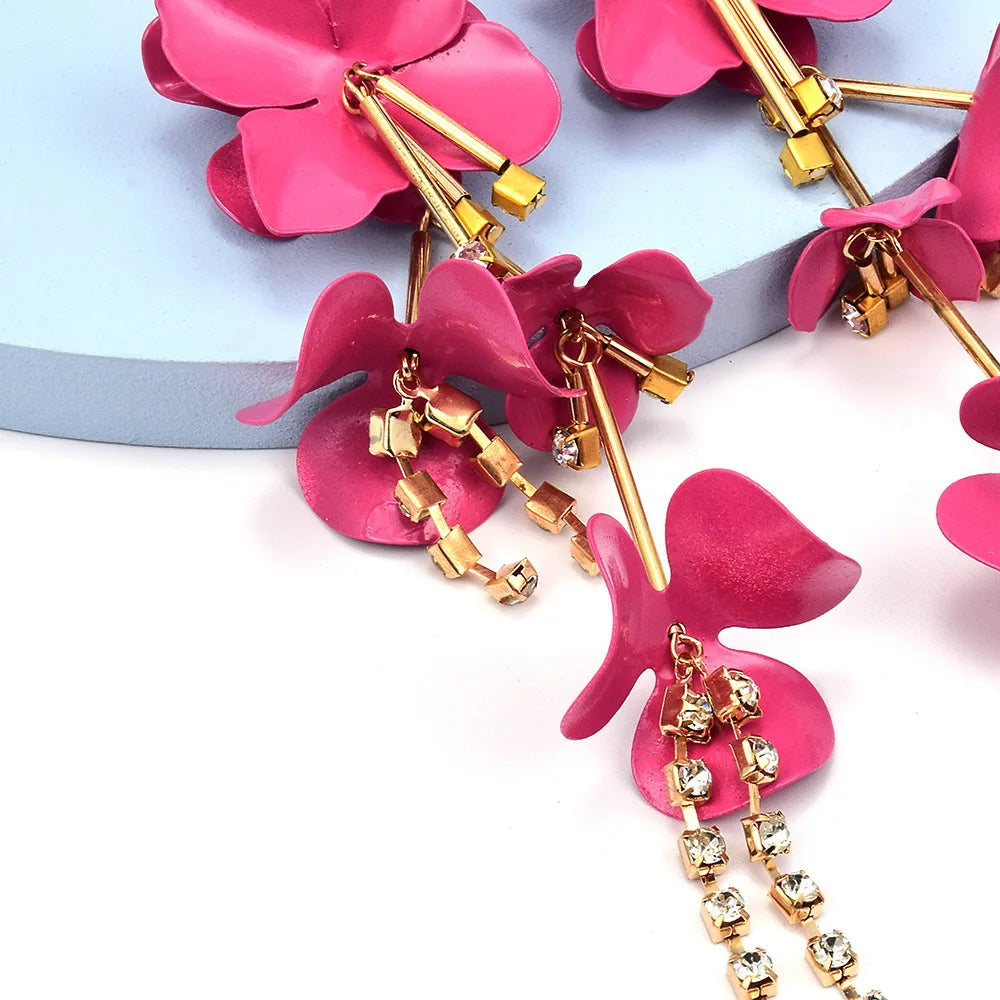 Bohemian Pink Flower Gold Plated Drop Earrings for Women Alloy Fashion Long Wedding Jewelry